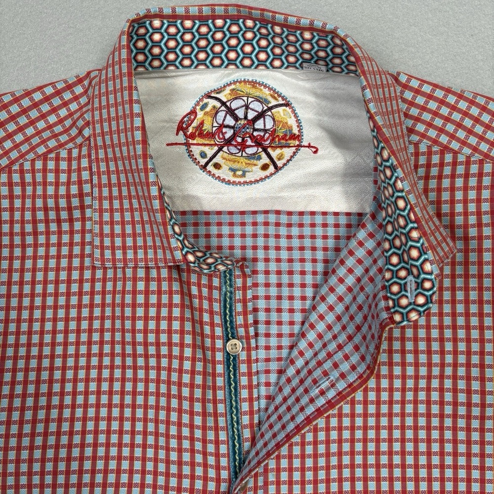 Robert Graham Shirt 2XL Red Checkered Geometric Long Sleeve Abstract Flip Cuff - Picture 3 of 12